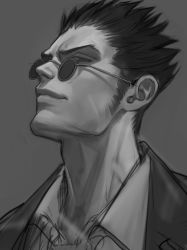 Rule 34 | 1boy, business suit, closed mouth, collared shirt, cutiicosmo, formal, grey background, greyscale, head tilt, hunter x hunter, jacket, leorio paladiknight, looking to the side, monochrome, portrait, round eyewear, shirt, short hair, sideburns, simple background, solo, spiked hair, suit