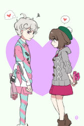 Rule 34 | 1boy, 1girl, absurdres, bede (pokemon), boots, brown footwear, brown hair, cardigan, collared shirt, commentary request, creatures (company), curly hair, dress, flower, game freak, gift, gloria (pokemon), gloves, green headwear, grey cardigan, grey hair, hat, heart, highres, holding, holding flower, hooded cardigan, leggings, looking at another, looking away, nai gai hongcha, nintendo, pink dress, pokemon, pokemon swsh, shirt, short sleeves, shorts, side slit, side slit shorts, single glove, spoken heart, tam o&#039; shanter, thought bubble