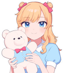Rule 34 | 1girl, blonde hair, blue eyes, blue shirt, blush, bow, chiyoko (tykchiyo), closed mouth, commentary request, double bun, dress, hair bow, hair bun, highres, holding, holding stuffed toy, idolmaster, idolmaster cinderella girls, long hair, looking at viewer, ohtsuki yui, pink bow, puffy short sleeves, puffy sleeves, red bow, shirt, short sleeves, simple background, smile, solo, stuffed animal, stuffed toy, teddy bear, upper body, white background