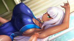 Rule 34 | 1girl, aoi nagisa (metalder), arm up, armpits, bare arms, bare shoulders, blue one-piece swimsuit, blush, breasts, censored, cleavage, closed mouth, competition swimsuit, covered erect nipples, covered navel, dark skin, from side, game cg, green eyes, hadashi shoujo, huge breasts, indoors, light blush, long hair, looking at viewer, mosaic censoring, one-piece swimsuit, penis, princess heart link ~kenki-tachi no enbu~, shiny clothes, siris ismalia, solo focus, standing, swimsuit, upper body, white hair, window