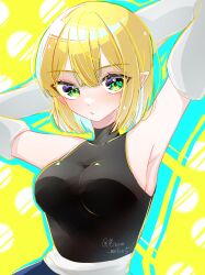 Rule 34 | 1girl, absurdres, arm warmers, armpits, black shirt, blonde hair, blue background, blush, breasts, closed mouth, commentary, earrings, expressionless, green eyes, hair between eyes, highres, impossible clothes, impossible shirt, jewelry, looking at viewer, medium bangs, medium breasts, minase melon5, mizuhashi parsee, one-hour drawing challenge, pointy ears, shirt, short hair, single earring, sleeveless, sleeveless shirt, solo, touhou, twitter username, upper body, yellow background