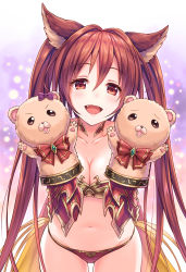 Rule 34 | 1girl, :d, animal ears, bare shoulders, blush, bow, breasts, cerberus (shingeki no bahamut), cleavage, collarbone, dog ears, fang, gluteal fold, granblue fantasy, hair between eyes, hand puppet, highres, large breasts, lips, long hair, looking at viewer, navel, open mouth, puppet, red bow, red eyes, red hair, shingeki no bahamut, smile, solo, standing, thigh gap, tomo (tmtm mf mf), twintails, very long hair