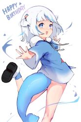 Rule 34 | 1girl, bite mark, blue eyes, blue hair, fins, fish tail, gawr gura, gawr gura (1st costume), hair ornament, happy birthday, hololive, hololive english, hood, hoodie, long sleeves, medium hair, multicolored hair, namiorii, no pants, open mouth, shark girl, shark hair ornament, shark print, shark tail, shoes, sneakers, solo, streaked hair, tail, two-tone hair, two side up, virtual youtuber, white hair, wide sleeves