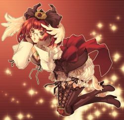 Rule 34 | 1girl, bad id, bad pixiv id, bloomers, boots, bow, brown eyes, dress, female focus, full body, glasses, gloves, grimgrimoire, hair bow, head wings, high heel boots, high heels, margarita surprise, nippon ichi, red hair, ribbon, shima chiyo, shoes, short hair, solo, thigh boots, thighhighs, underwear, white bloomers, winged footwear, wings