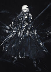 Rule 34 | 1girl, :|, armor, armored dress, black background, breastplate, closed mouth, dark, dress, expressionless, hair between eyes, highres, holding, holding behind back, holding polearm, holding weapon, legs apart, long bangs, long dress, long hair, original, pauldrons, pleated dress, polearm, sabaton, shoulder armor, sidelocks, simple background, solo, spear, standing, straight hair, tuda6, vambraces, weapon, white eyes, white hair