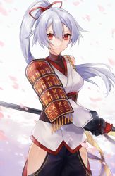 Rule 34 | 1girl, armor, breasts, closed mouth, cowboy shot, fate/grand order, fate (series), hair between eyes, hair ribbon, headband, hip vent, holding, holding sword, holding weapon, horns, hsiao, japanese armor, japanese clothes, katana, long hair, looking at viewer, oni horns, ponytail, red eyes, ribbon, silver hair, small breasts, solo, sword, tomoe gozen (fate), weapon