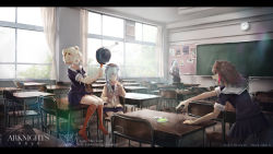 Rule 34 | 5girls, alternate costume, amanun, angry, animal ears, arknights, artist name, bear ears, beige sweater, beret, black socks, blonde hair, blue hair, blue shirt, blue skirt, blush, braid, brown hair, brown headwear, bulletin board, candy hair ornament, chalkboard, classroom, clock, closed eyes, commentary, copyright name, desk, english text, food-themed hair ornament, frying pan, gummy (arknights), hair ornament, hat, highres, holding, holding frying pan, indoors, istina (arknights), kneehighs, leto (arknights), letterboxed, light rays, long hair, multicolored hair, multiple girls, open mouth, orange socks, out of frame, pantyhose, pin, red hair, rosa (arknights), sailor collar, school uniform, serafuku, shirt, short hair, skirt, sleeping, socks, star (symbol), star hair ornament, streaked hair, throwing, wall clock, white hair, white legwear, white sailor collar, window, zima (arknights)