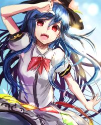 Rule 34 | 1girl, bad id, bad pixiv id, black hat, blue hair, blue skirt, dress, food, fruit, hat, hinanawi tenshi, hizagawa rau, long dress, long hair, looking at viewer, neck ribbon, open mouth, outstretched hand, peach, puffy short sleeves, puffy sleeves, red eyes, ribbon, shirt, short sleeves, sketch, skirt, skirt set, smile, solo, touhou, white shirt