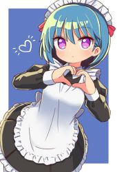 Rule 34 | 1girl, apron, black dress, blue background, blue hair, breasts, closed mouth, collared dress, commentary request, dohna dohna issho ni warui koto o shiyou, dress, frilled apron, frilled dress, frills, hair between eyes, hands up, heart, heart hands, highres, juliet sleeves, long sleeves, mob (dohna dohna), naga u, pleated dress, puffy sleeves, purple eyes, small breasts, solo, two-tone background, white apron, white background