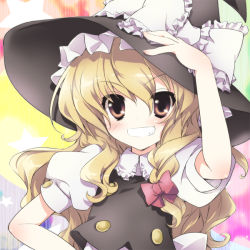 Rule 34 | 1girl, ateru, bad id, bad pixiv id, blonde hair, braid, brown eyes, brown hair, colorized, female focus, gotou nao, grin, hand on own hip, hat, kirisame marisa, ribbon, smile, solo, touhou, upper body, witch, witch hat