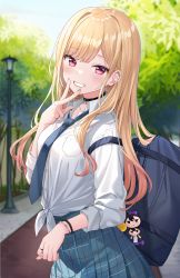 Rule 34 | 1girl, bag, blonde hair, blue skirt, blurry, blurry background, blush, breasts, choker, collared shirt, commentary request, dress shirt, ear piercing, earrings, grin, highres, hitsukuya, jewelry, kitagawa marin, lamppost, large breasts, long hair, long sleeves, looking at viewer, necktie, piercing, pleated skirt, red eyes, ring, shirt, shoulder bag, skirt, sleeves rolled up, smile, solo, sono bisque doll wa koi wo suru, thighs, tied shirt, tree, w, white shirt