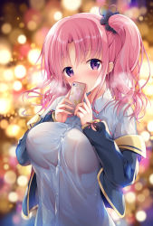 Rule 34 | 1girl, absurdres, blue jacket, blurry, blurry background, blush, breasts, cellphone, collared shirt, commentary request, covered erect nipples, covered mouth, depth of field, dress, dress shirt, fingernails, hair between eyes, head tilt, highres, holding, holding phone, izumi kaori (twinbox), jacket, large breasts, long sleeves, looking at viewer, neck ribbon, off shoulder, one side up, original, parted bangs, phone, pink hair, pink ribbon, purple eyes, ribbon, see-through, shirt, sleeves past wrists, solo, sousouman, upper body, wet, white dress