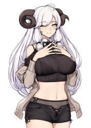 Rule 34 | 1girl, ahoge, bare shoulders, black bra, blush, bow, bowtie, bra, breasts, evan yang, fishnets, grey eyes, hair tie, highres, horns, jacket, large breasts, long hair, looking at viewer, midriff, navel, off shoulder, open clothes, open jacket, original, own hands together, see-through, sheep horns, short shorts, shorts, simple background, smile, solo, underwear, white background, white hair