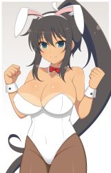 Rule 34 | 1girl, absurdres, animal ears, bare shoulders, black hair, bow, bowtie, breasts, cleavage, commentary request, covered erect nipples, covered navel, cowboy shot, dark-skinned female, dark skin, detached collar, fake animal ears, hair between eyes, hands up, high ponytail, highleg, highleg leotard, highres, homura (senran kagura), ichiryuu tsumiki, large breasts, leotard, long hair, looking at viewer, pantyhose, partial commentary, playboy bunny, rabbit ears, red bow, red bowtie, senran kagura, solo, strapless, strapless leotard, tan, tanline, very long hair, white leotard, wrist cuffs