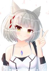 Rule 34 | 1girl, animal ears, breasts, camisole, cat ears, chest jewel, highres, jacket, lenhtrb082, looking at viewer, mio (xenoblade), short hair, shoulder strap, simple background, small breasts, smile, solo, tank top, white camisole, white hair, white jacket, white tank top, xenoblade chronicles (series), xenoblade chronicles 3, yellow eyes