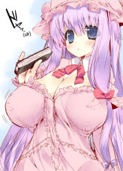 Rule 34 | 1girl, babydoll, bad id, bad pixiv id, blush, book, bow, breasts, cleavage, female focus, hair bow, hat, large breasts, long hair, looking at viewer, noto kurumi, patchouli knowledge, purple eyes, purple hair, sketch, solo, touhou