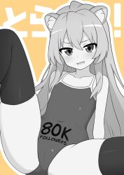 Rule 34 | 1girl, aisaka taiga, animal ear fluff, animal ears, blush, clothes writing, collarbone, covered navel, flat chest, greyscale with colored background, hair between eyes, highres, long hair, looking at viewer, mikoscrub, milestone celebration, one-piece swimsuit, open mouth, outline, skindentation, solo, swimsuit, thighhighs, toradora!, white outline, yellow background