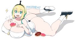 Rule 34 | 1girl, alternate breast size, amano pikamee, artist name, ass, bare shoulders, blonde hair, breasts, character name, cleavage, collarbone, doughnut, food, green eyes, green hair, highres, huge ass, huge breasts, lightning bolt, lying, multicolored hair, no pants, on stomach, open mouth, sharp teeth, shirt, shoes, short hair, sinensian, smile, sneakers, socks, solo, spread legs, teeth, thick thighs, thigh gap, thighs, thong, virtual youtuber, voms, white shirt