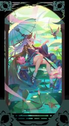 Rule 34 | 1girl, bird, black footwear, blue dress, blue sleeves, breasts, commentary, detached sleeves, dress, fish, flower, framed, hands up, hauuk, highres, holding, holding umbrella, lily pad, long hair, long sleeves, looking at animal, lotus, masterwork apocalypse, medium breasts, outdoors, parted lips, pink flower, sitting, smile, socks, solo, umbrella, very long hair, water, white hair, white socks, wide sleeves, wing hair ornament, yellow eyes, yunei (masterwork apocalypse)