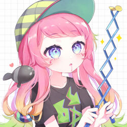 Rule 34 | 1girl, :o, baseball cap, black shirt, blush, collarbone, commentary request, drooling, eyelashes, fish, gradient hair, green hair, grid background, hands up, harmony&#039;s clownfish (splatoon), harmony (splatoon), hat, heart, highres, holding, long hair, low-tied long hair, low twintails, multicolored hair, nemuri (nemu729o), nintendo, nintendo ultra hand, open mouth, orange hair, pink hair, print shirt, purple eyes, shirt, short sleeves, sidelocks, simple background, solo, sparkle, splatoon (series), splatoon 3, striped clothes, striped headwear, swept bangs, t-shirt, twintails, upper body, white background