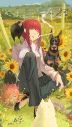 Rule 34 | 1girl, absurdres, animal, animal on shoulder, bird, bird on shoulder, black footwear, black necktie, black pants, blurry, blurry background, chainsaw man, cigarette, commentary, crow, dated, day, decapitation, dobermann, dog, eyeball, flower, grass, highres, leash, makima (chainsaw man), medium hair, mori niyaoko, necktie, open mouth, outdoors, pants, power (chainsaw man), red hair, shirt, smoking, summer, sunflower, white shirt, yellow eyes