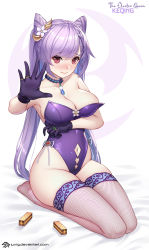 Rule 34 | 1girl, 3:, alternate costume, arm under breasts, artist name, bare shoulders, blush, breasts, character name, choker, cleavage, closed mouth, clothing cutout, collarbone, commentary request, cone hair bun, english text, fishnet thighhighs, fishnets, flower, full body, genshin impact, groin, hair bun, hair flower, hair ornament, highleg, highleg leotard, highres, jewelry, jurrig, keqing (genshin impact), large breasts, leotard, long hair, looking at viewer, multiple rings, navel, navel cutout, nose blush, purple choker, purple hair, purple leotard, red eyes, revision, ring, seiza, sitting, smile, solo, spread fingers, strapless, strapless leotard, thighhighs, twintails, two-tone background, very long hair, watermark, web address, white flower
