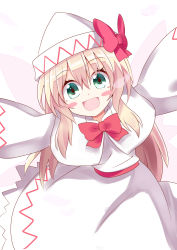 Rule 34 | 1girl, :d, blonde hair, blush stickers, capelet, green eyes, hat, keyaki chimaki, lily white, long hair, open mouth, outstretched arms, smile, spread arms, touhou