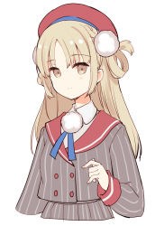 Rule 34 | 1girl, aged up, beret, blue ribbon, blush, braid, brown eyes, brown hair, closed mouth, collared shirt, cosplay, grey jacket, grey skirt, hair ornament, hair rings, hat, indie virtual youtuber, jacket, long hair, long sleeves, looking at viewer, meito (maze), neck ribbon, nijisanji, parted bangs, pom pom (clothes), pom pom hair ornament, red hat, ribbon, shigure ui (channel), shigure ui (vtuber), shigure ui (vtuber) (1st costume), shirt, simple background, sister claire, skirt, smile, solo, striped clothes, striped jacket, striped skirt, vertical-striped clothes, vertical-striped jacket, vertical-striped skirt, virtual youtuber, white background, white shirt