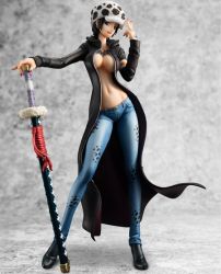 1girl black_hair breasts canon_genderswap female_focus figure full_body genderswap genderswap_(mtf) navel one_piece pants solo standing sword trafalgar_law trafalgar_law_(female) weapon