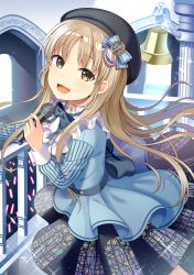 Rule 34 | 1girl, :d, bell, beret, black bow, black hat, black skirt, blue bow, blue shirt, blush, bow, brown eyes, church bell, concert, glowstick, hair bow, hat, highres, holding, holding microphone, idol, idol clothes, light brown hair, long hair, long sleeves, looking at viewer, microphone, music, nijisanji, open mouth, parted bangs, pleated skirt, railing, shirt, singing, sister claire, skirt, smile, solo, stage, striped, striped bow, very long hair, virtual youtuber, yuusa