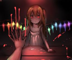 Rule 34 | 1girl, alternate costume, bad id, bad twitter id, blonde hair, blood, blood on hands, bloody hand, blurry, collarbone, commentary, dark, female pov, flandre scarlet, gem, glowing, looking at mirror, mirror, no headwear, pov, red eyes, reflection, side ponytail, sketch, slit pupils, solo, tears, tis (shan0x0shan), touhou, wings