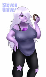 Rule 34 | 1girl, amethyst (steven universe), breasts, colored skin, doughnut, covered erect nipples, food, large breasts, lips, looking at viewer, orca, plump, purple eyes, purple hair, purple skin, solo, steven universe, thick thighs, thighs