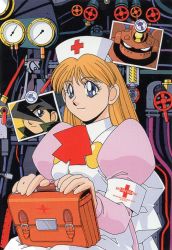 Rule 34 | 1boy, 1girl, armband, blue eyes, briefcase, cable, gauge, hat, holding, holding briefcase, industrial pipe, juliet sleeves, ling ling, long hair, long sleeves, non-web source, nurse, nurse cap, official art, on lap, orange hair, puffy sleeves, sitting, smile, solo focus, steam detectives