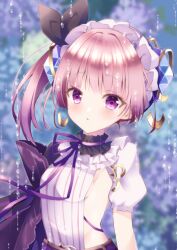 Rule 34 | 1girl, atelier (series), atelier lydie &amp; suelle, black bow, blunt bangs, blush, bow, choker, detached sleeves, headdress, looking at viewer, lydie marlen, open mouth, outdoors, pink eyes, pink hair, purple ribbon, ribbon, ribbon choker, shizuki ayame, short hair, side ponytail, sideless outfit, single detached sleeve, solo, striped, water drop