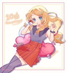 Rule 34 | 1girl, :o, anniversary, aqua eyes, blonde hair, bracelet, collared shirt, colored eyelashes, commentary request, creatures (company), cushion, dated, eyelashes, framed, game freak, hands up, head tilt, highres, holding, holding poke ball, jewelry, long hair, love ball, low-tied long hair, miso (mso 742), nintendo, open mouth, pleated skirt, poke ball, poke ball (basic), pokemon, pokemon xy, serena (pokemon), shirt, skirt, solo, thighhighs, white background