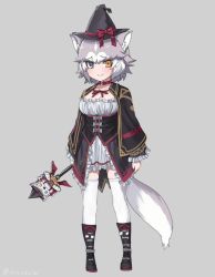 Rule 34 | 1girl, alternate costume, animal ears, black capelet, black footwear, black hat, blue eyes, boots, bow, capelet, collar, commentary request, dog (mixed breed) (kemono friends), dog ears, dog tail, dress, frilled dress, frilled sleeves, frills, full body, grey background, grey hair, hat, hat bow, heterochromia, kemono friends, long sleeves, multicolored hair, neck ribbon, nyifu, red collar, ribbon, short hair, solo, tail, thighhighs, wand, white dress, white hair, white thighhighs, witch, witch hat, yellow eyes, zettai ryouiki