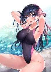 Rule 34 | 1girl, :o, armpits, arms behind head, arms up, ayamy, bare arms, bare shoulders, black hair, black one-piece swimsuit, blue eyes, breasts, competition swimsuit, covered navel, hair ornament, highleg, highleg swimsuit, highres, large breasts, long hair, looking at viewer, miyawaki sana, multicolored hair, one-piece swimsuit, open mouth, original, poolside, sitting, solo, swimsuit, thighs, tongue, tongue out, two-tone hair, water, wet, x hair ornament