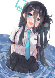 Rule 34 | 1girl, :d, aris (blue archive), black hair, black skirt, blue archive, blue eyes, blue necktie, blush, bra, breasts, collared shirt, commentary request, hair between eyes, halo, head tilt, highres, long hair, long hair between eyes, necktie, one side up, open mouth, pleated skirt, see-through, shirt, skirt, small breasts, smile, solar milk, solo, tie clip, underwear, very long hair, water, wet, wet clothes, wet hair, wet shirt, white background, white bra