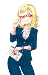 Rule 34 | 1girl, adjusting hair, alternate hairstyle, blonde hair, blue suit, book, cowboy shot, formal, glasses, grin, holding, holding book, long sleeves, love live!, love live! school idol festival, love live! sunshine!!, matsumoto (starbright mary), ohara mari, pants, pinstripe pattern, pinstripe suit, ponytail, red-framed eyewear, semi-rimless eyewear, sidelocks, simple background, smile, solo, striped, suit, teacher, tight clothes, tight pants, under-rim eyewear, watch, white background, wristwatch, yellow eyes