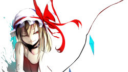 Rule 34 | 1girl, arm grab, bare shoulders, blonde hair, bow, choker, crystal, female focus, flandre scarlet, hair between eyes, hat, hat bow, hat ribbon, highres, jitome, looking away, one eye closed, red eyes, ribbon, solo, touhou, upper body, wallpaper, white background, wince, wings, wink, yugeoryouki
