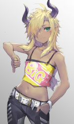 Rule 34 | 1girl, bare arms, bare shoulders, belt, black pants, blonde hair, camisole, closed mouth, collarbone, colored inner hair, cowboy shot, crop top, demon horns, flat chest, frown, green eyes, grey background, grey pants, hair over one eye, hair tie, hand in pocket, highres, horns, jewelry, long hair, looking at viewer, midriff, multicolored hair, multicolored shirt, navel, original, pants, pink shirt, pointy ears, ring, shirt, simple background, solo, stomach, thumbs down, two-tone pants, white belt, yellow shirt, yuu kisetu bi