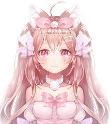 Rule 34 | 1girl, ahoge, animal ears, bare shoulders, bell, blush, bow, brown hair, cat ears, collar, commission, dress, hair between eyes, hair bow, hair ornament, hair ribbon, hairclip, k-en, long hair, looking at viewer, neck bell, original, pink eyes, portrait, ribbon, smile, solo, strapless, strapless dress, upper body