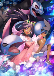 Rule 34 | 1girl, :d, big hair, blush, bow, commentary request, creatures (company), dark-skinned female, dark skin, dress, game freak, gen 5 pokemon, hair rings, highres, hydreigon, iris (pokemon), long hair, long sleeves, looking at viewer, nintendo, open mouth, pink dress, pokemon, pokemon (creature), pokemon bw2, purple eyes, purple hair, sandals, smile, sparkle, teeth, toes, tongue, upper teeth only, white footwear, yamanashi taiki