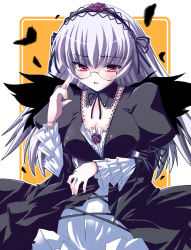 Rule 34 | 00s, 1girl, blush, breasts, cleavage, dress, feathers, glasses, lace, large breasts, mini wings, open mouth, red eyes, ribbon, rozen maiden, shinshin, silver hair, solo, suigintou, wings