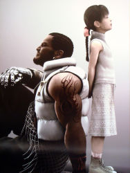 Rule 34 | 00s, 1990s (style), 1boy, 1girl, 3d, bare shoulders, barret wallace, beard, black hair, bow, braid, brown hair, closed eyes, cornrows, dark-skinned male, dark skin, earrings, facial hair, father and daughter, final fantasy, final fantasy vii, final fantasy vii advent children, fishnets, hair bow, highres, jewelry, marlene wallace, muscular, official art, prosthesis, retro artstyle, ribbon, single braid, skirt, sleeveless, sleeveless turtleneck, square enix, tattoo, turtleneck, vest