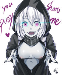 Rule 34 | 10s, 1girl, abyssal ship, areola slip, bikini, bikini top only, breasts, come hither, darkmaya, english text, fangs, fingernails, glowing, glowing eyes, heart, hood, jacket, kantai collection, looking at viewer, medium breasts, navel, o-ring, o-ring top, open clothes, open jacket, open mouth, pale skin, pink eyes, re-class battleship, scarf, sharp fingernails, short hair, signature, simple background, solo, swimsuit, white background, white hair, wide-eyed