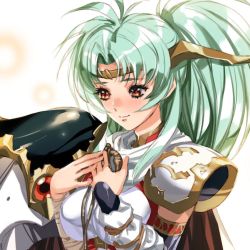 Rule 34 | angelina (langrisser), armor, blush, breasts, commission, detached sleeves, gold hairband, green hair, hair behind ear, hairband, kishida mel, langrisser, langrisser iv, looking down, medium breasts, parted bangs, ponytail, red eyes, scarf, shoulder armor, skeb commission, smile, white background, white scarf