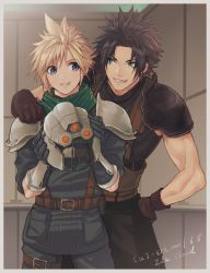Rule 34 | 2boys, aqua eyes, arm around shoulder, armor, beckey9415, belt, black hair, blonde hair, blue eyes, blue pants, blue shirt, cloud strife, crisis core final fantasy vii, final fantasy, final fantasy vii, gloves, grin, hair ribbon, hand on own hip, harness, highres, looking at another, male focus, multiple belts, multiple boys, muscular, muscular male, pants, parted bangs, ribbon, shinra infantry uniform, shirt, shoulder armor, sleeveless, sleeveless turtleneck, sleeves rolled up, smile, spiked hair, square enix, suspenders, teeth, turtleneck, upper body, zack fair