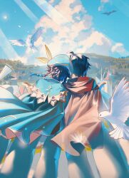 Rule 34 | 2boys, absurdres, ahoge, aqua hair, beret, bird, black hair, blue sky, braid, brown cloak, building, cape, capelet, cliff, cloak, cloud, commentary request, dandelion seed, day, dove, facing away, floating hair, flying, from behind, genshin impact, gradient hair, green cape, green capelet, green headwear, hat, head on another&#039;s shoulder, highres, hood, hood down, hooded cloak, in-universe location, male focus, medium hair, mountain, multicolored hair, multiple boys, nameless bard (genshin impact), outdoors, sainome (imveryfinethx), side braids, sitting, sky, tree, twin braids, venti (genshin impact), windmill