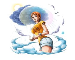 Rule 34 | 1girl, ass, bodskih, bracelet, breasts, brown eyes, cloud, cowboy shot, from below, hip focus, holding, holding umbrella, jewelry, large breasts, log pose, nami (one piece), one piece, open mouth, orange hair, rain, shirt, short hair, short shorts, short sleeves, shorts, solo, standing, sun, transparent, transparent background, transparent umbrella, umbrella, white shorts, yellow shirt